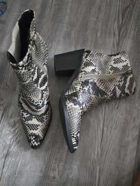 Blondo Snake-Print Pointed Ankle Boots in Black & Cream